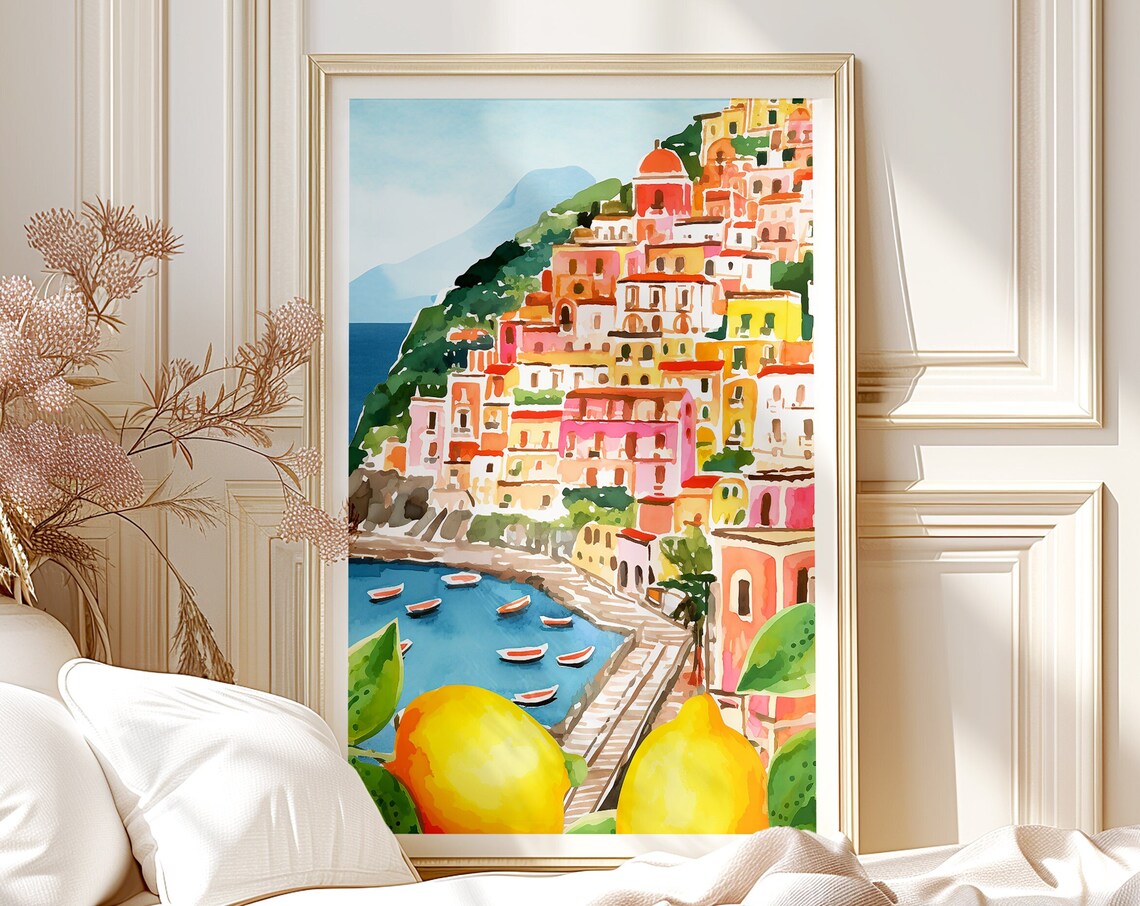 Amalfi Coast Watercolor Lemons Travel Poster, Italy