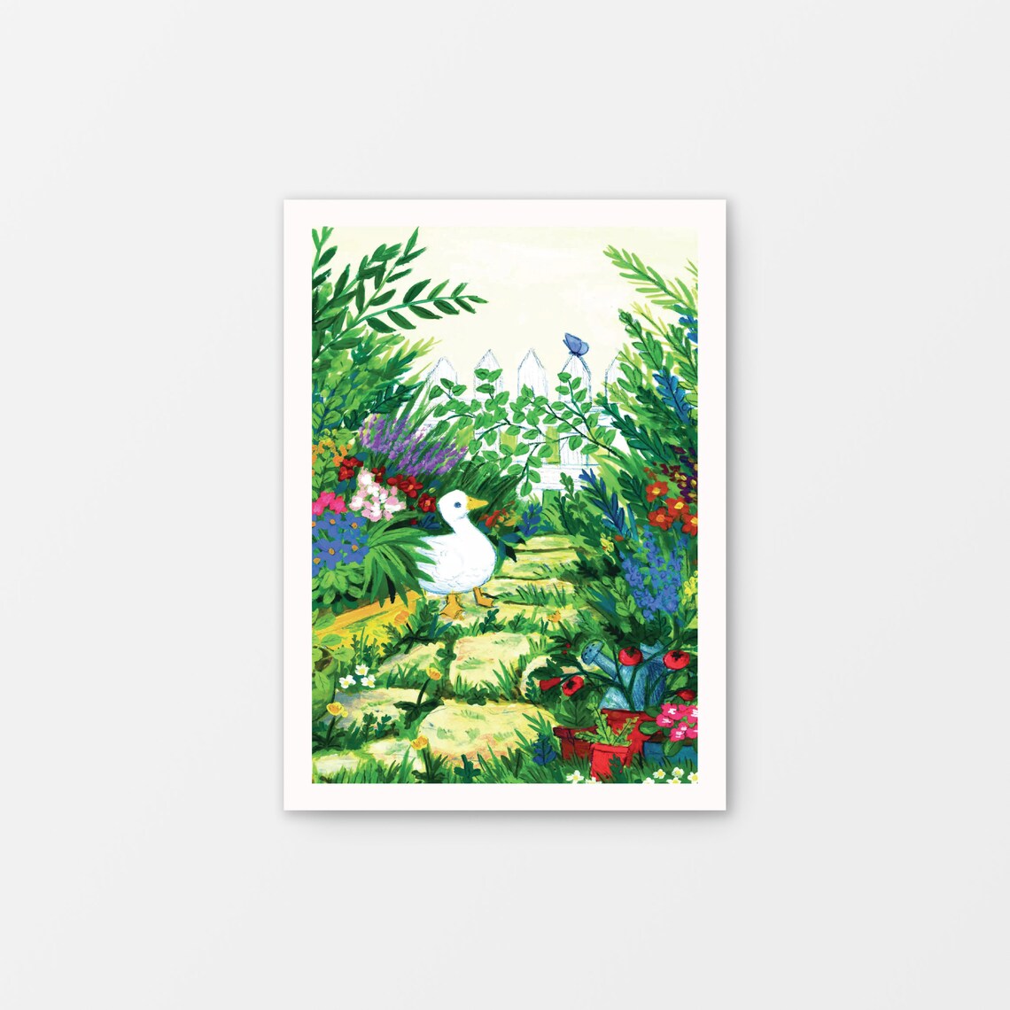 White Duck in Blooming Cottage Flower Garden Gouache Art Print