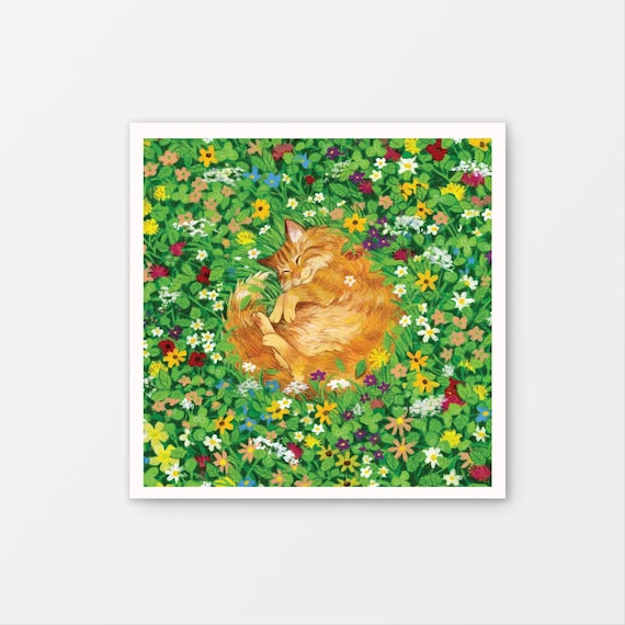 Flower Cat Nap Gouache Art Print, Cat Lovers