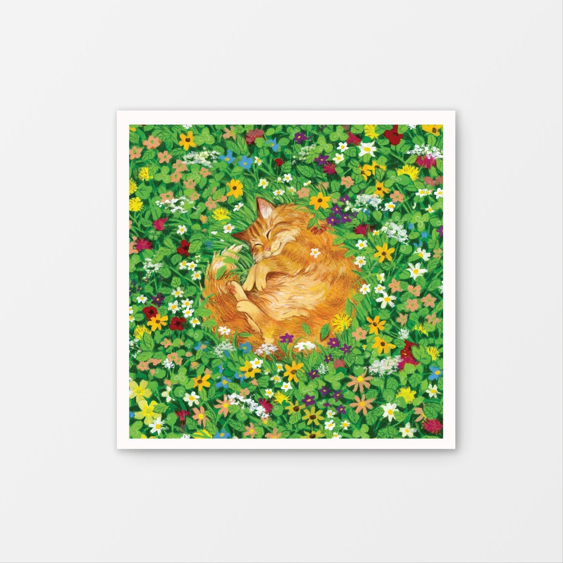 Flower Cat Nap Gouache Art Print, Cat Lovers