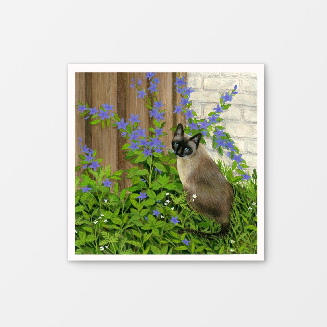 Siamese Cat in Overgrown Garden Blue Flowers Gouache Art Print