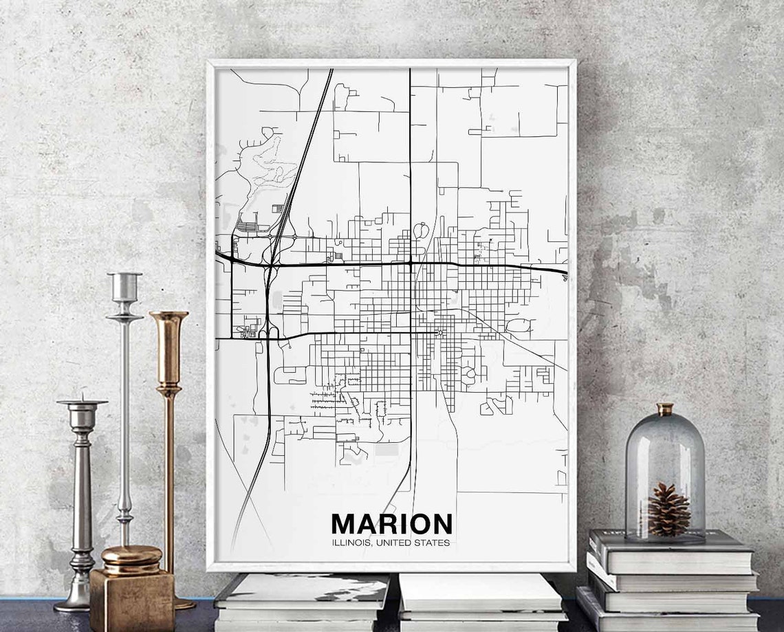 Marion Illinois City Map Black White Minimalist Home Decor Poster