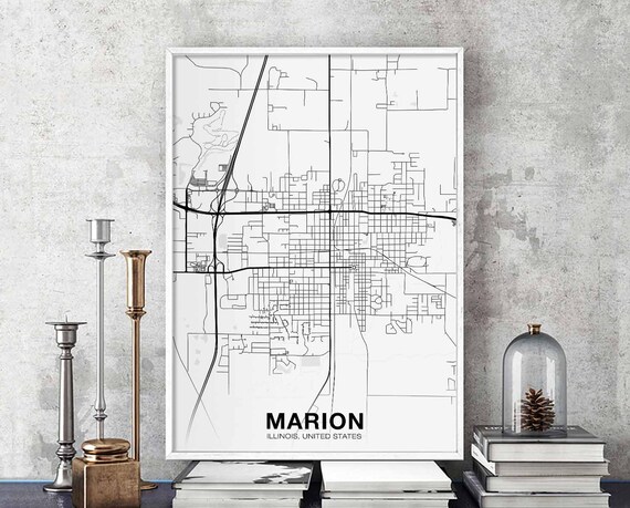 Marion Illinois Il Usa Map Poster Black White Wall Decor Design Modern Scandinavian Minimal Nordic Housewarming Travel Bedroom