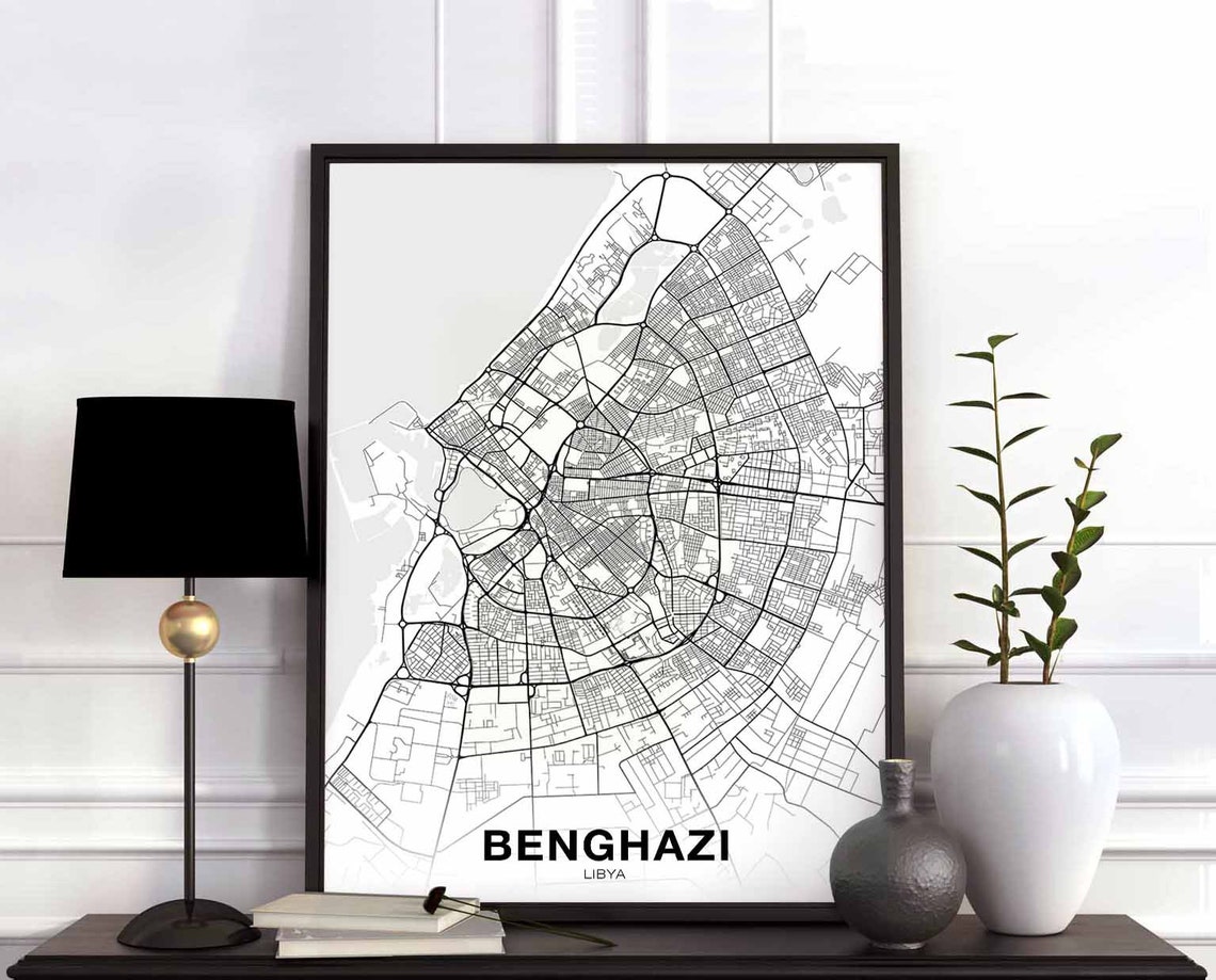 Benghazi Libya Black White City Street Map Modern Art Poster