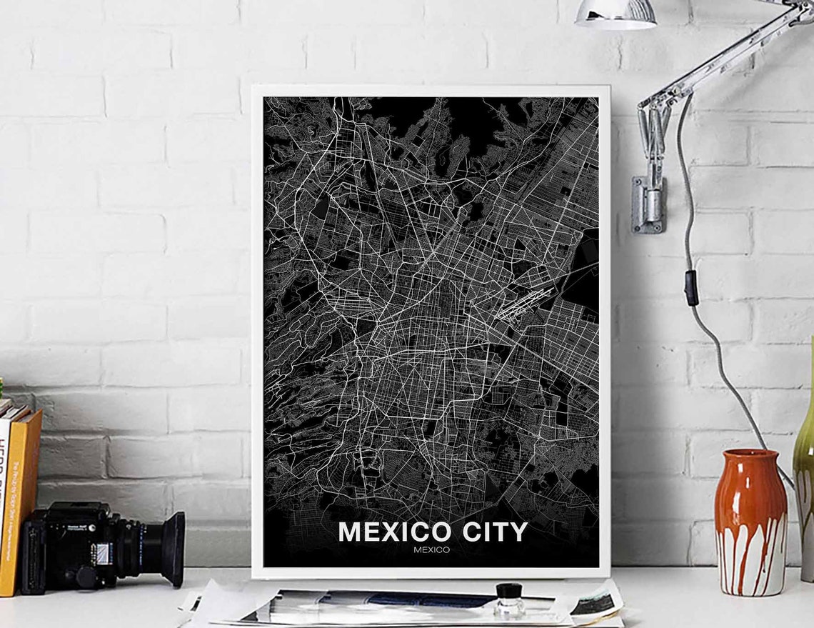 Mexico City Night Black White Line Street Map Modern Art Poster