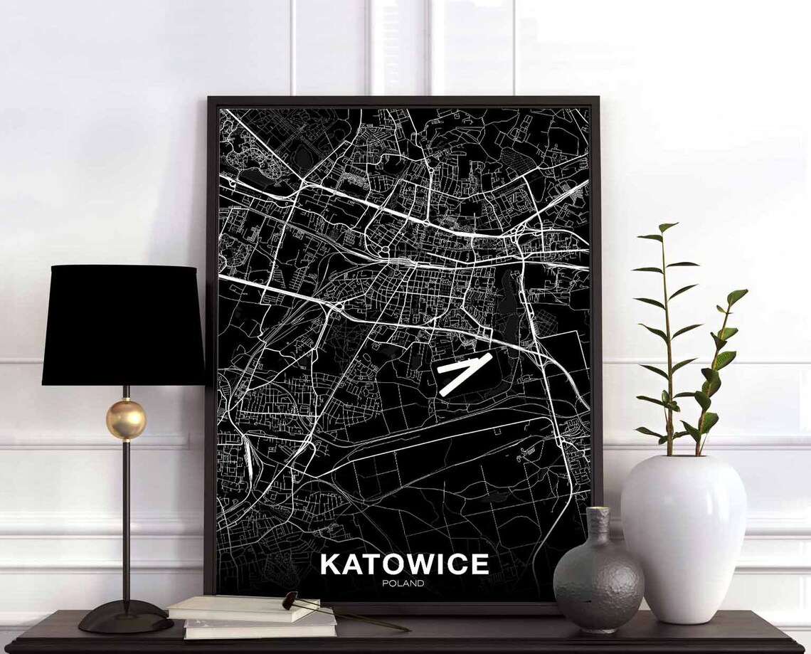 Katowice Poland City Street Map White on Black Modern Minimalist Poster