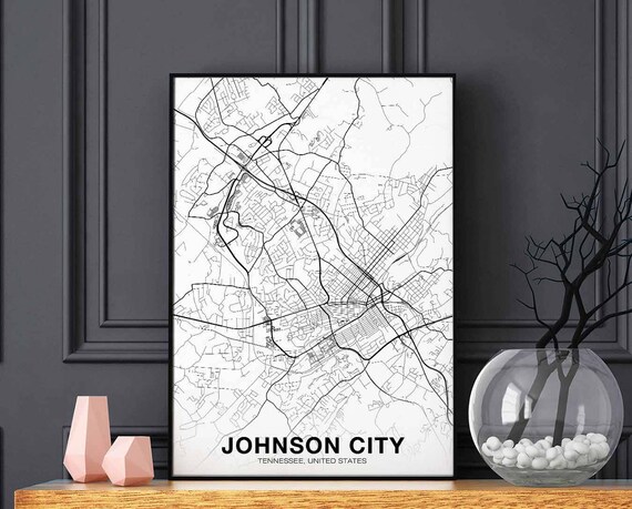 Johnson City Tennessee Tn Usa Map Poster Black White Hometown Print Modern Home Decor Office Decoration Wall Art Dorm Bedroom Gift