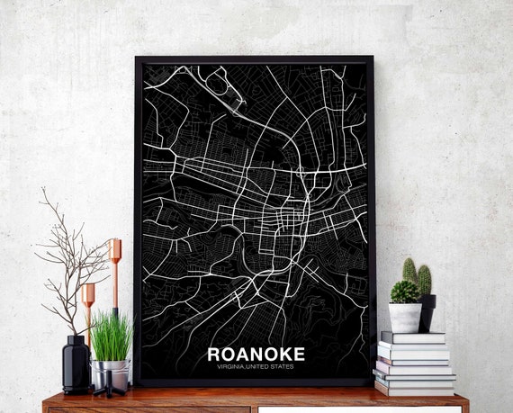 Roanoke Virginia Va Usa Map Poster Black White Hometown City Print Modern Home Decor Office Decoration Wall Art Dorm Bedroom Gift