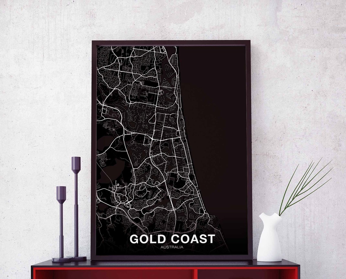 Gold Coast Australia Black Minimalist City Street Map Art Poster