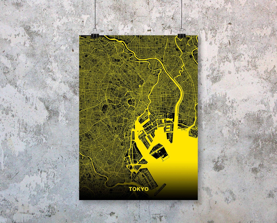 Tokyo Black and Yellow Bold Street Map Modern Japan Decor Poster