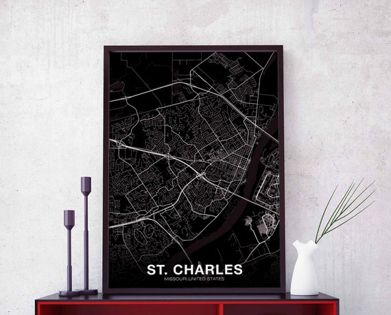 St Charles Missouri Mo Usa Map Poster Black White Hometown City Print Modern Home Decor Office Decoration Wall Art Dorm Bedroom Gift