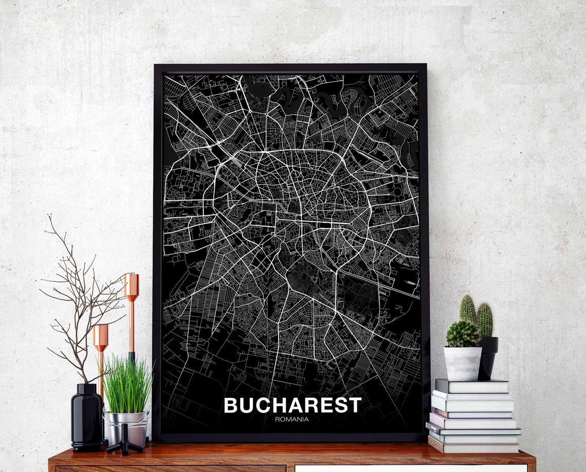 Bucharest Romania White on Black Street Map Dramatic City Poster