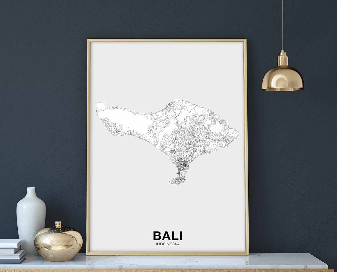 Bali Indonesia Minimalist Black White Island Map Line Art Poster
