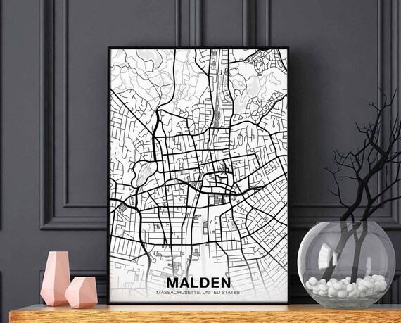 Malden Massachusetts Ma Usa Map Poster Black White Hometown City Print Modern Home Decor Office Decoration Wall Art Dorm Bedroom Gift