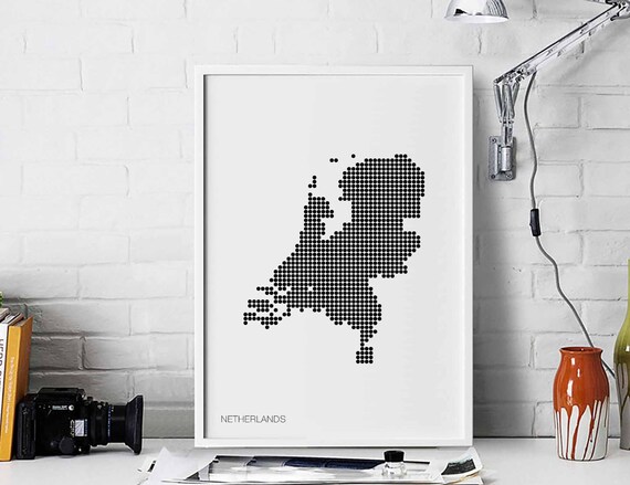 Netherlands Minimal Dots Retro Map Poster Black White Wall Decor Design Modern Swiss Scandinavian Nordic Housewarming Travel