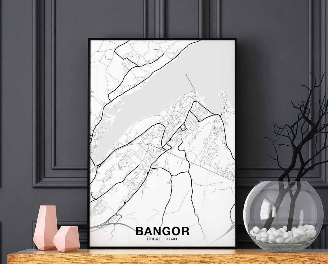 Bangor Great Britain White Line City Map Minimalist Home Poster