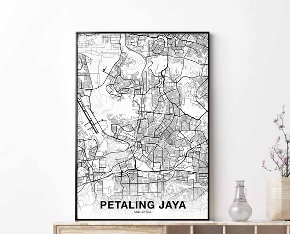 Petaling Jaya Malaysia Map Poster Black White Hometown City Print Modern Home Decor Office Decoration Wall Art Dorm Bedroom Gift