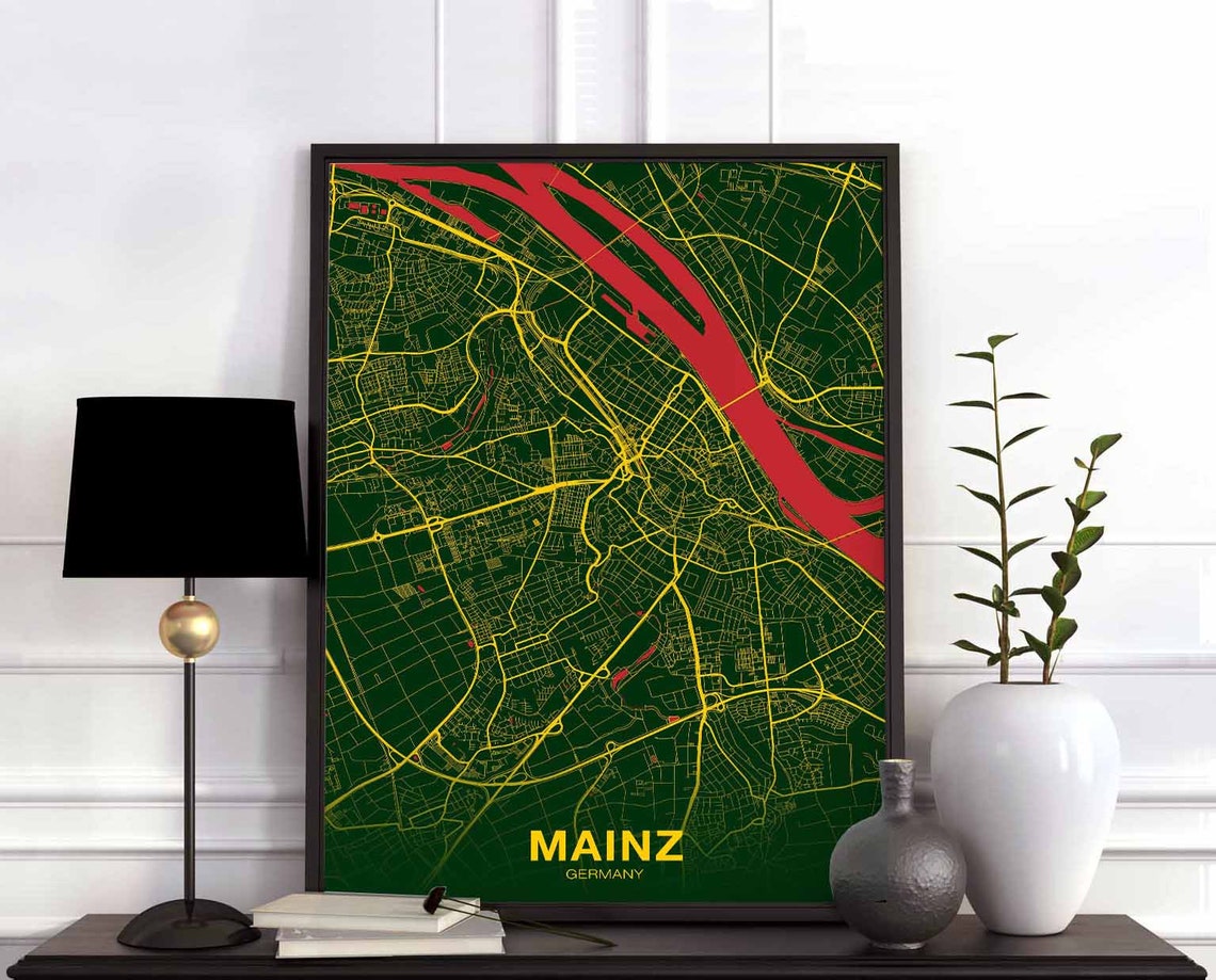 Mainz Germany Green Gold Minimalist Street Map Hometown Decor Poster