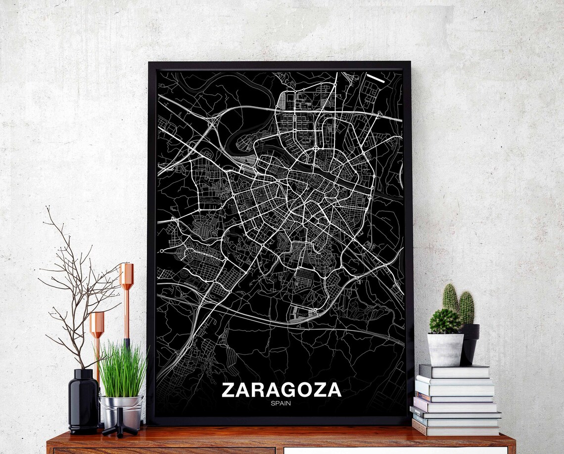 Zaragoza Spain Black White Modern City Street Map Home Decor Poster