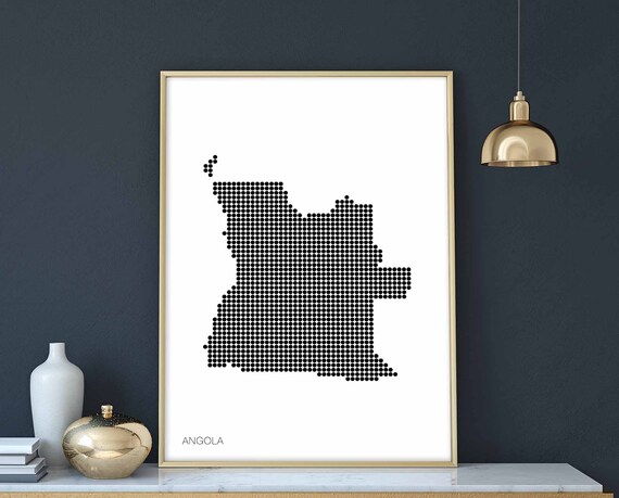 Angola Minimal Dots Retro Map Poster Black White Wall Decor Design Modern Swiss Scandinavian Nordic Housewarming Travel Bedroom