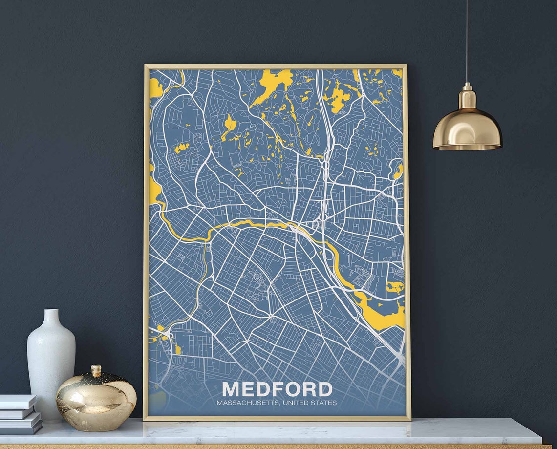 Medford Massachusetts United States Blue And Gold City Map Poster