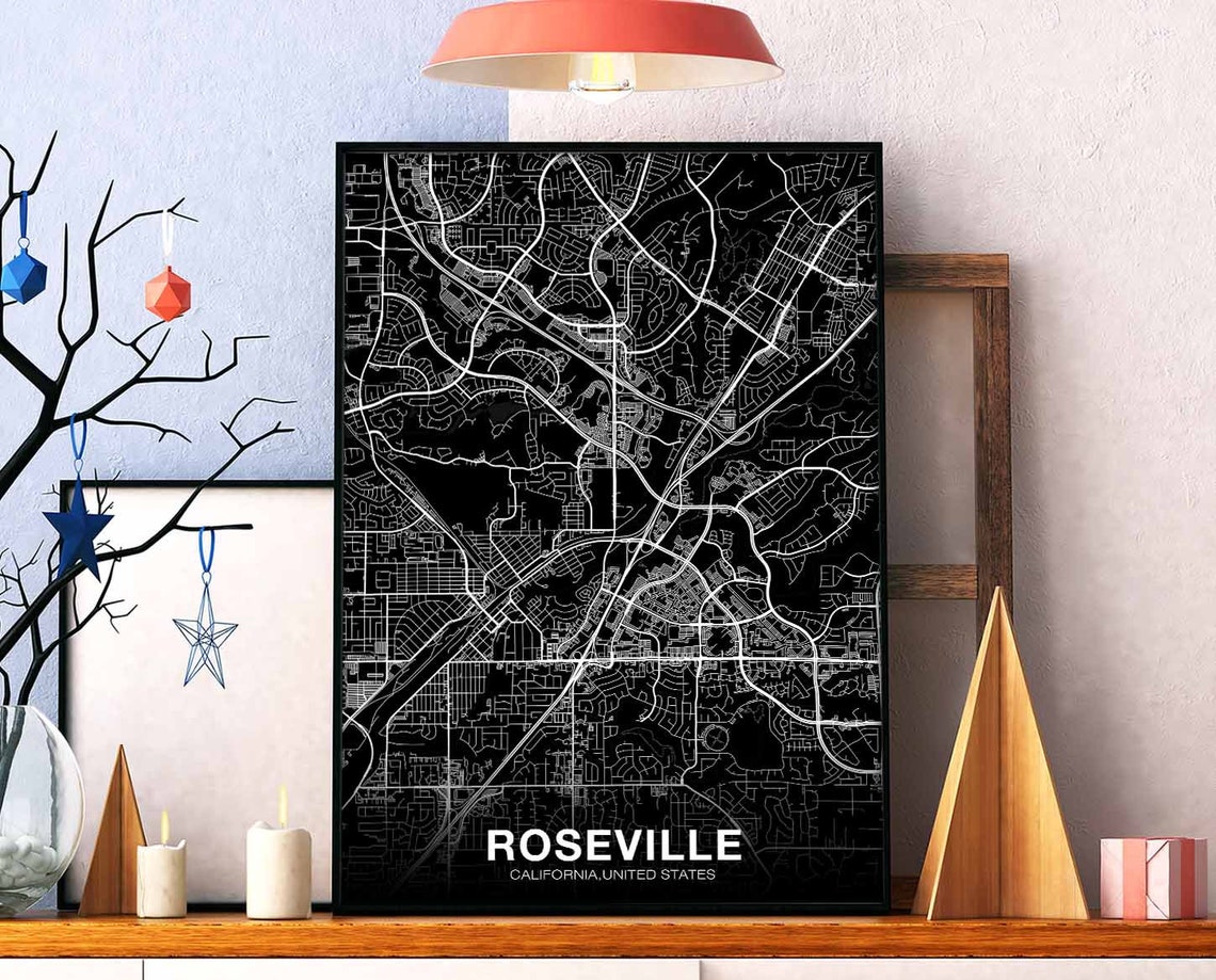 Roseville California Minimalist Black City Map Modern Poster