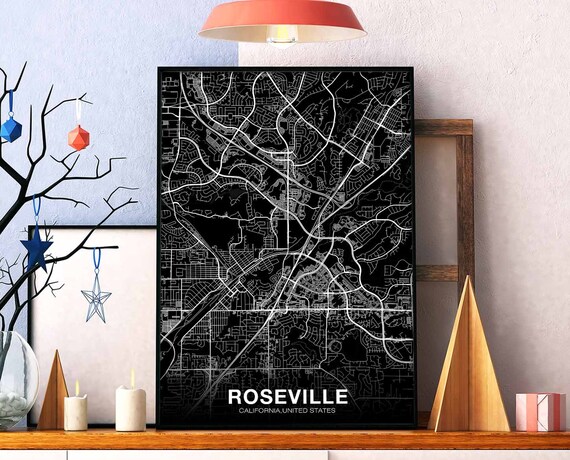 Roseville Ca Usa Map Poster Black White Hometown City Print Modern Home Decor Office Decoration Wall Art Dorm Bedroom Gift