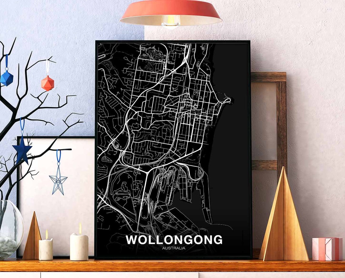 Wollongong Australia Black White Modern City Street Map Poster