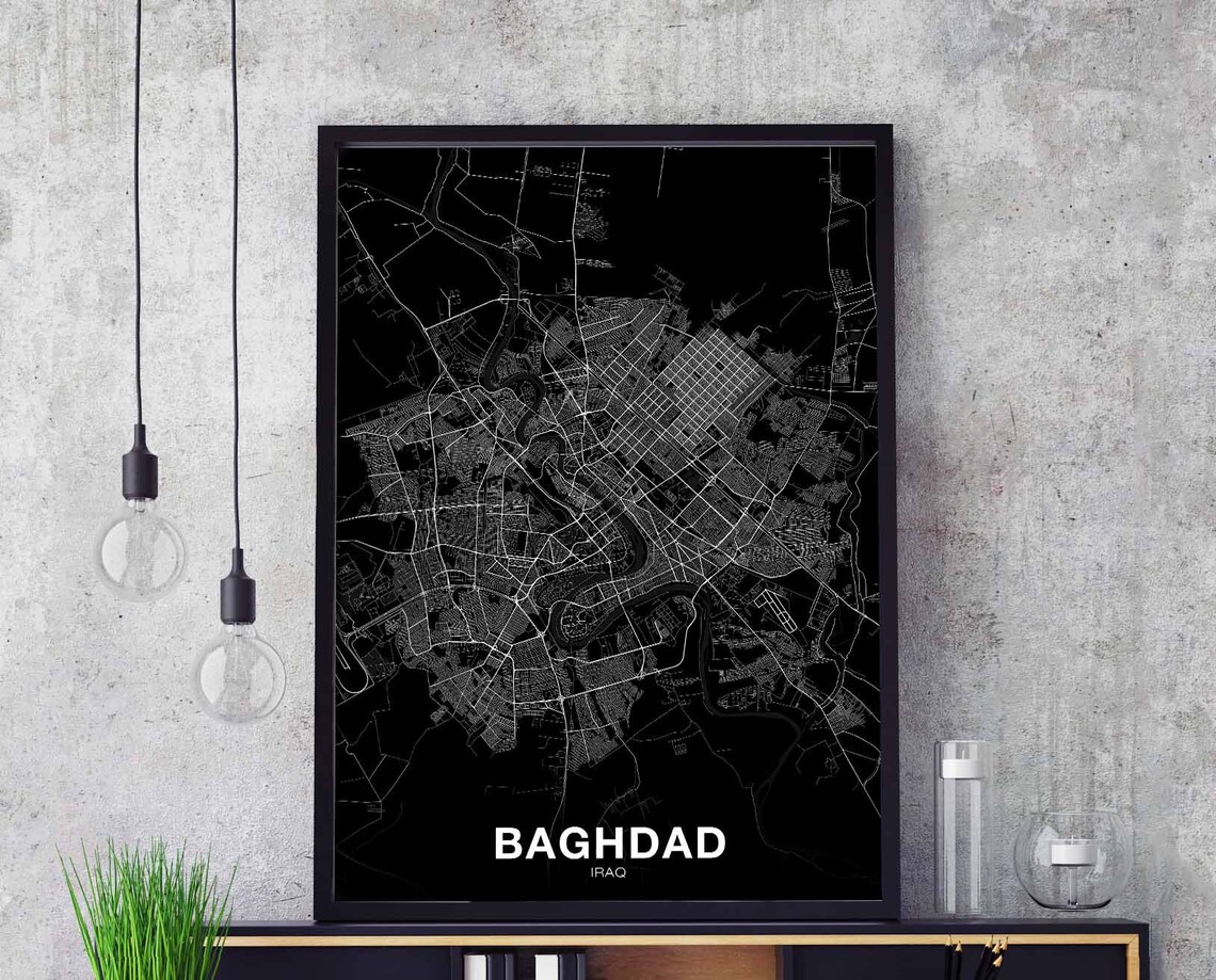 Baghdad Iraq Black White City Street Map Modern Travel Poster