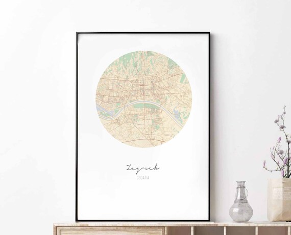 Zagreb Croatia Round City Map Minimalist Modern Cream Home Poster