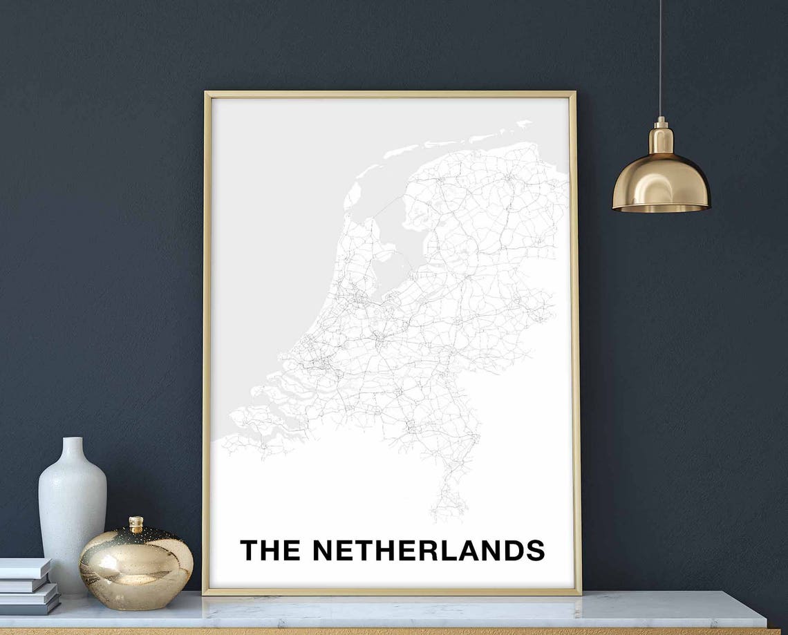 Netherlands Country Minimal White Map Art on Grey Background Poster