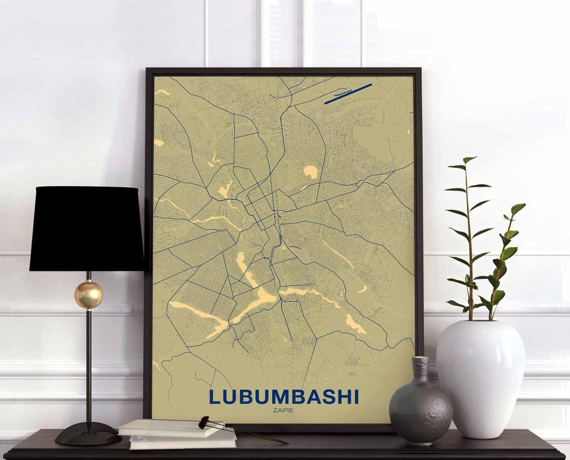 Lubumbashi Zaire Vintage City Street Map Retro Travel Wall Poster