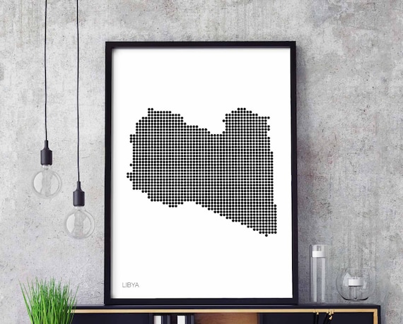Libya Minimal Dots Retro Map Poster Black White Wall Decor Design Modern Swiss Scandinavian Nordic Housewarming Travel