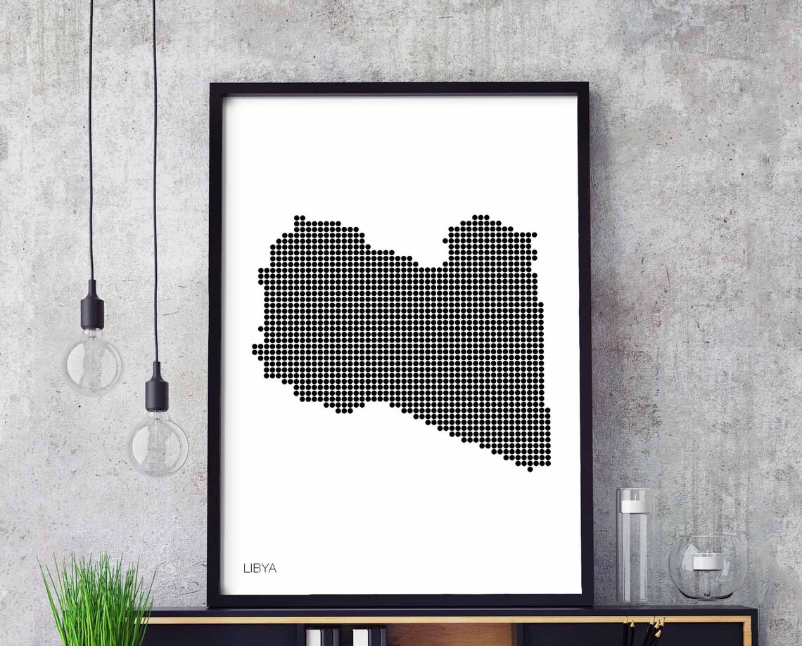Libya Minimal Dots Retro Map Poster Black White Wall Decor Design Modern Swiss Scandinavian Nordic Housewarming Travel