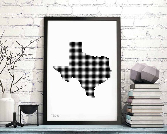 Texas Us State Minimal Dots Retro Map Poster Black White Wall Decor Design Modern Swiss Scandinavian Nordic Housewarming Travel