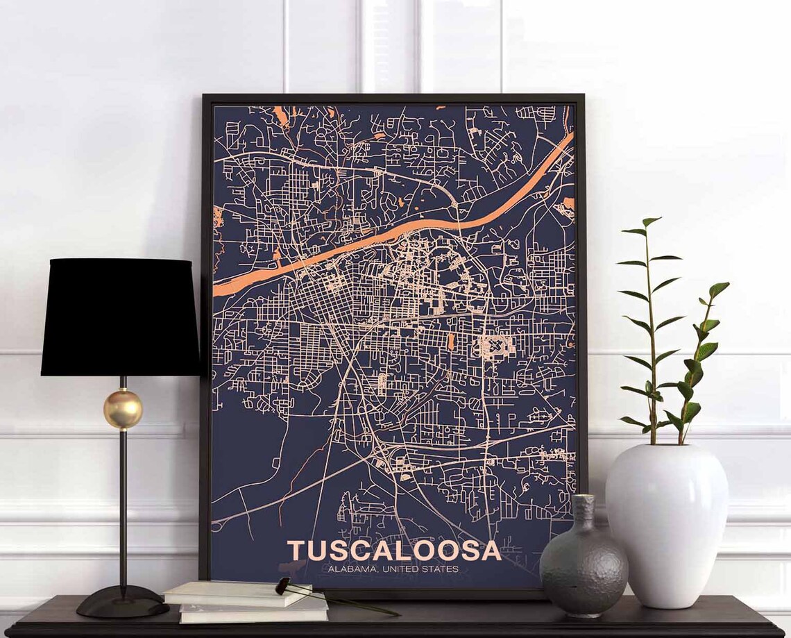 Tuscaloosa Alabama Navy Copper Full Bleed City Street Map Poster