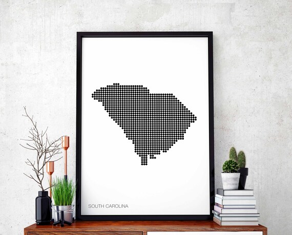 South Carolina Us State Minimal Dots Retro Map Poster Black White Wall Decor Design Modern Swiss Scandinavian Nordic Housewarming Travel