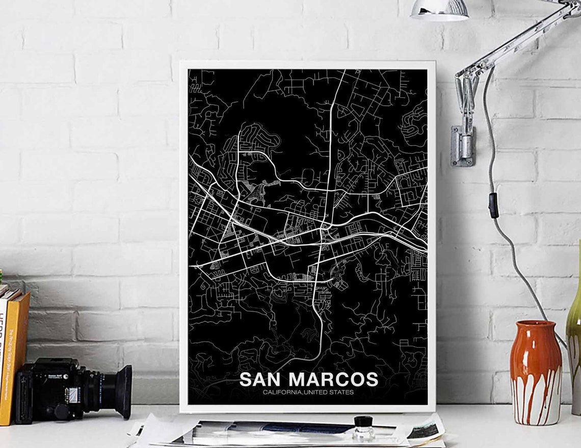 San Marcos California Black Street Map White Line City Poster