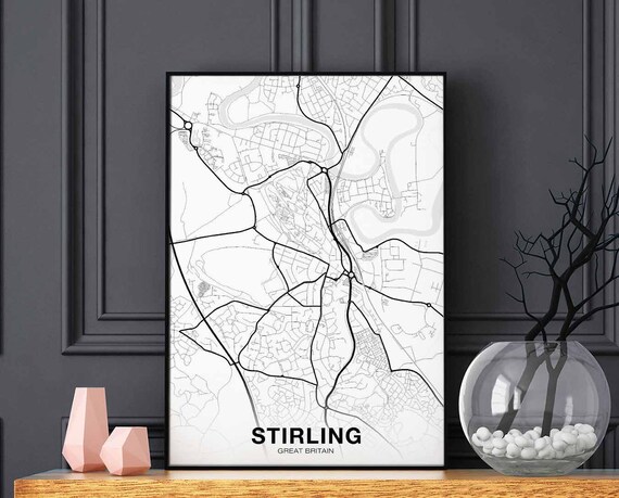 Stirling Great Britain Uk Map Poster Black White Hometown City Print Modern Home Decor Office Decoration Wall Art Dorm Bedroom Gift