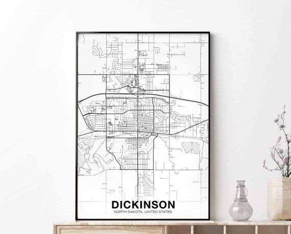 Dickinson North Dakota Nd Map Poster Black White Hometown City Print Modern Home Decor Office Decoration Wall Art Dorm Bedroom Gift