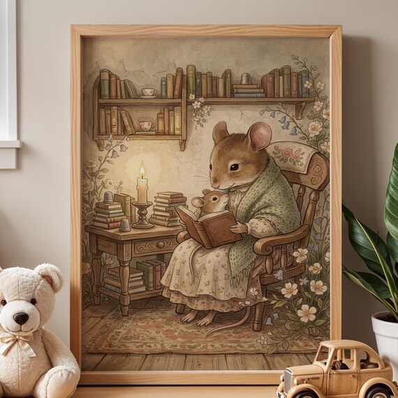 Storybook Mama Mouse Reading Bedtime Nursery Cottagecore Poster