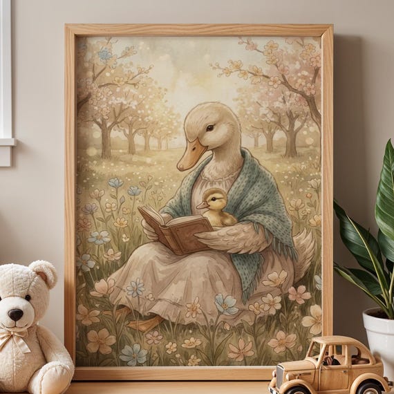 Goose Mama Reading Storytime Art Print Cottagecore Baby Room Wall Decor Soft Neutral Kids Poster Whimsical Animal Storybook Painting