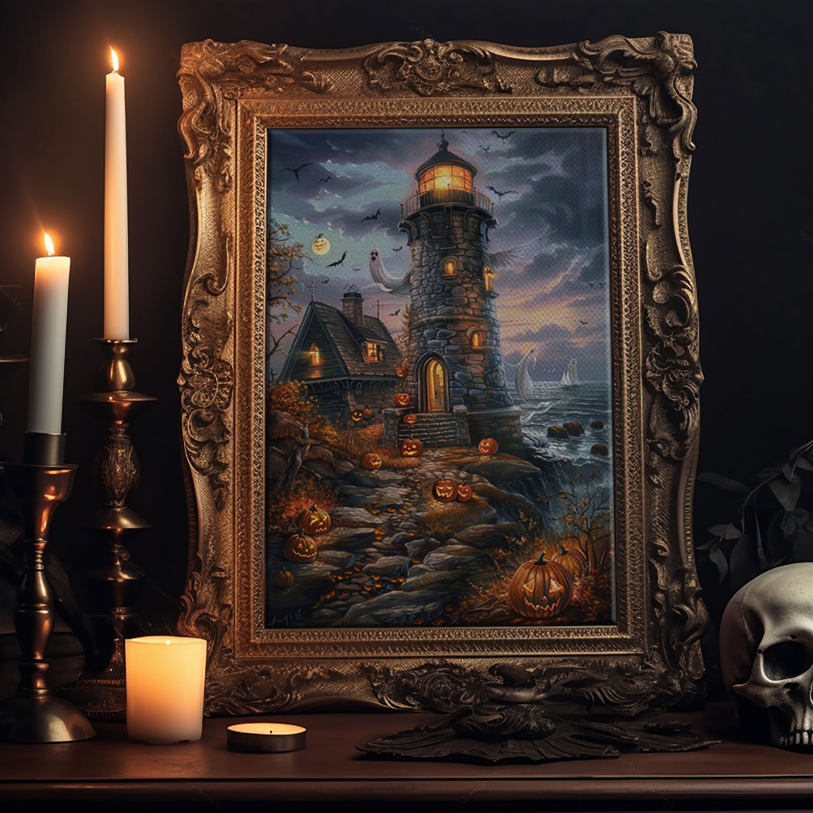 Haunted Lighthouse Jack O Lanterns Spooky Halloween Night Art Poster - Image 6