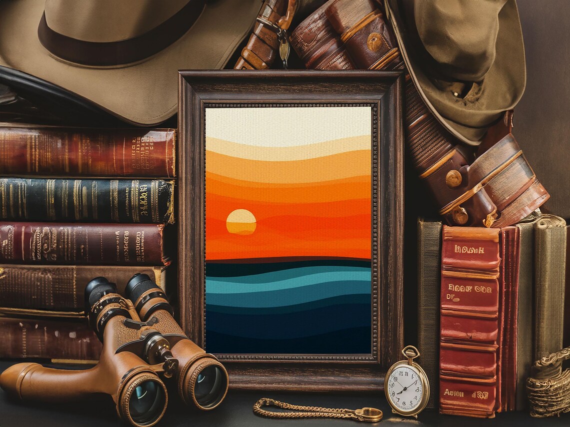 Art Deco Ocean Sunset Orange Sun Teal Waves Gradient Minimalist Art Print - Image 3