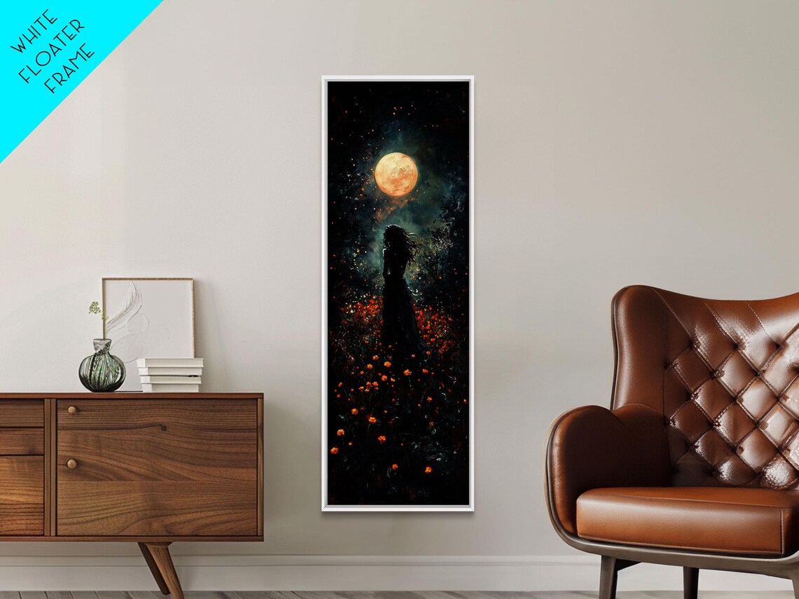 Woman Silhouette Golden Moon Flower Field Dark Romance Wall Art