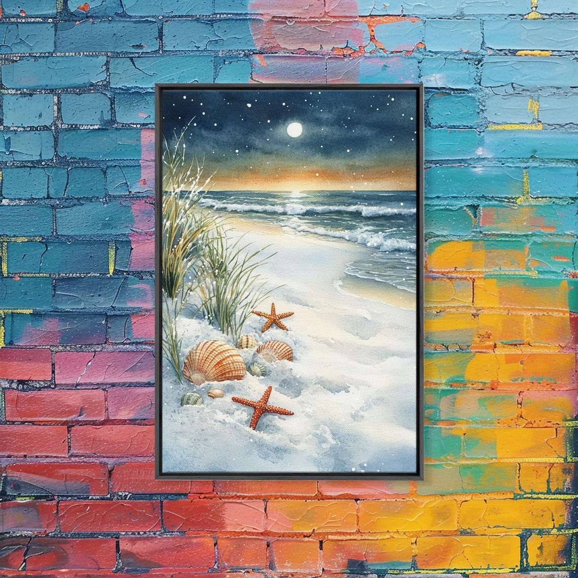 Moonlit Beach At Night With Seashells Starfish And Ocean Waves Poster - Image 5