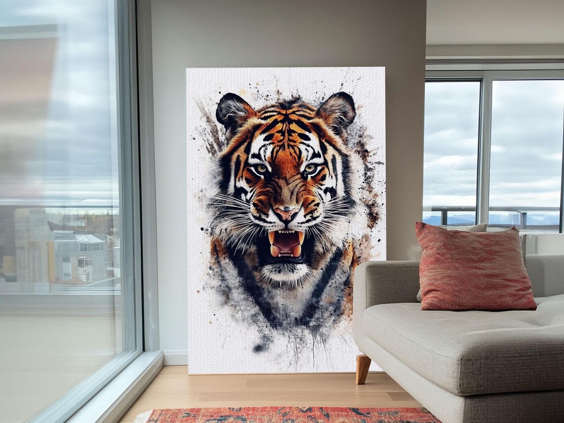 Tiger Portrait Snarling Wild Watercolor Splash Big Cat Jungle Art Poster - Image 2