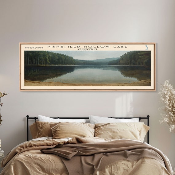 Mansfield Hollow Lake Connecticut Framed Print Lake House Decor Panoramic Wall Art Travel Poster Landscape Painting Art