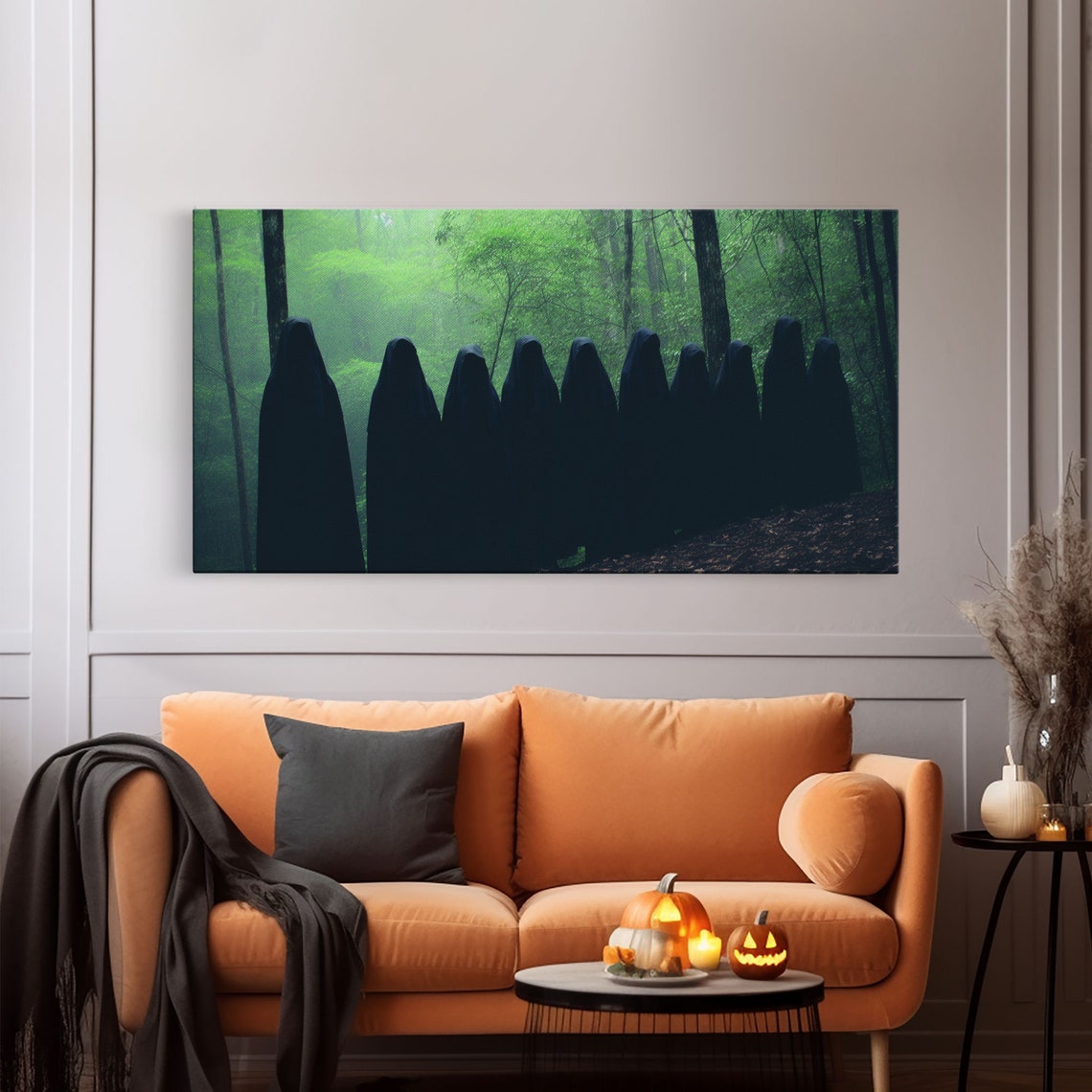 Hooded Cult Silhouettes In Misty Green Forest Panoramic Print - Image 6