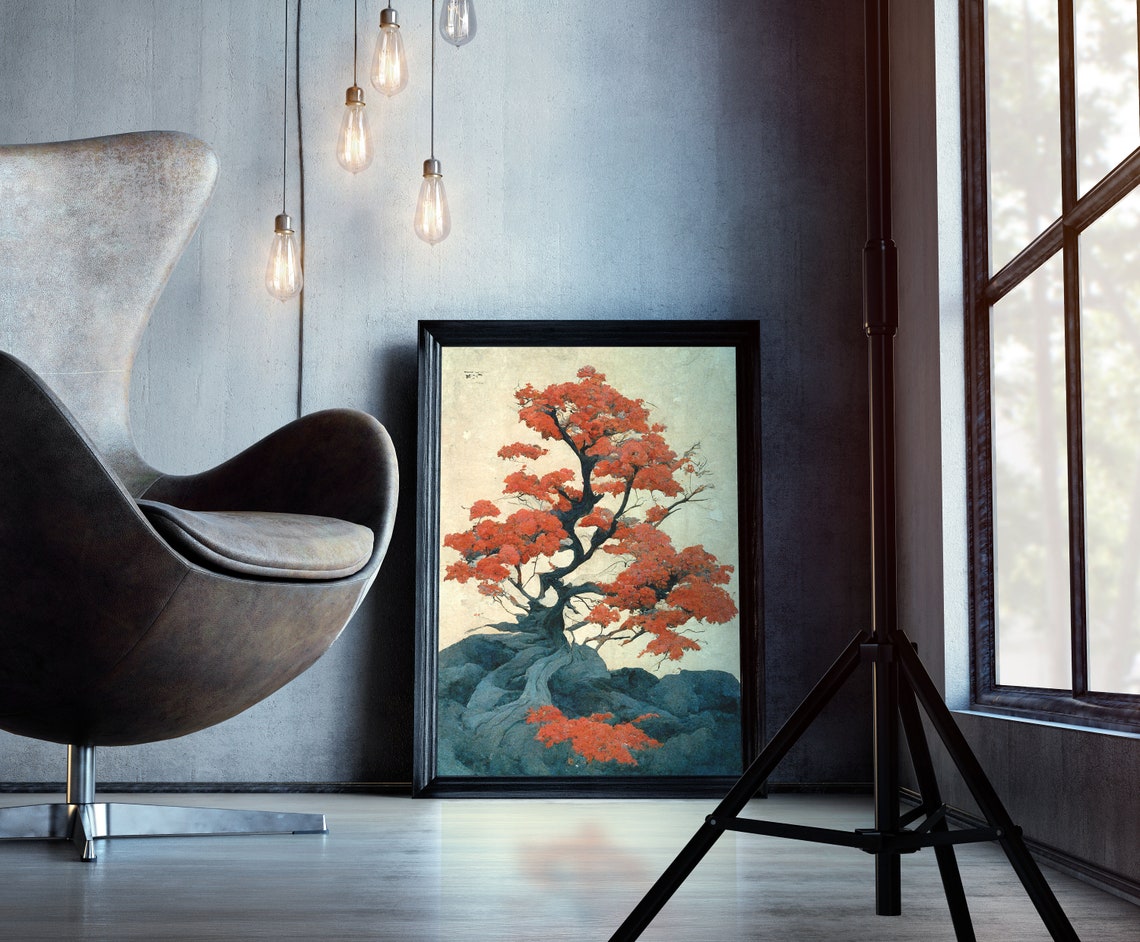 Japanese Maple Tree Red Foliage Vintage Woodblock Style Poster